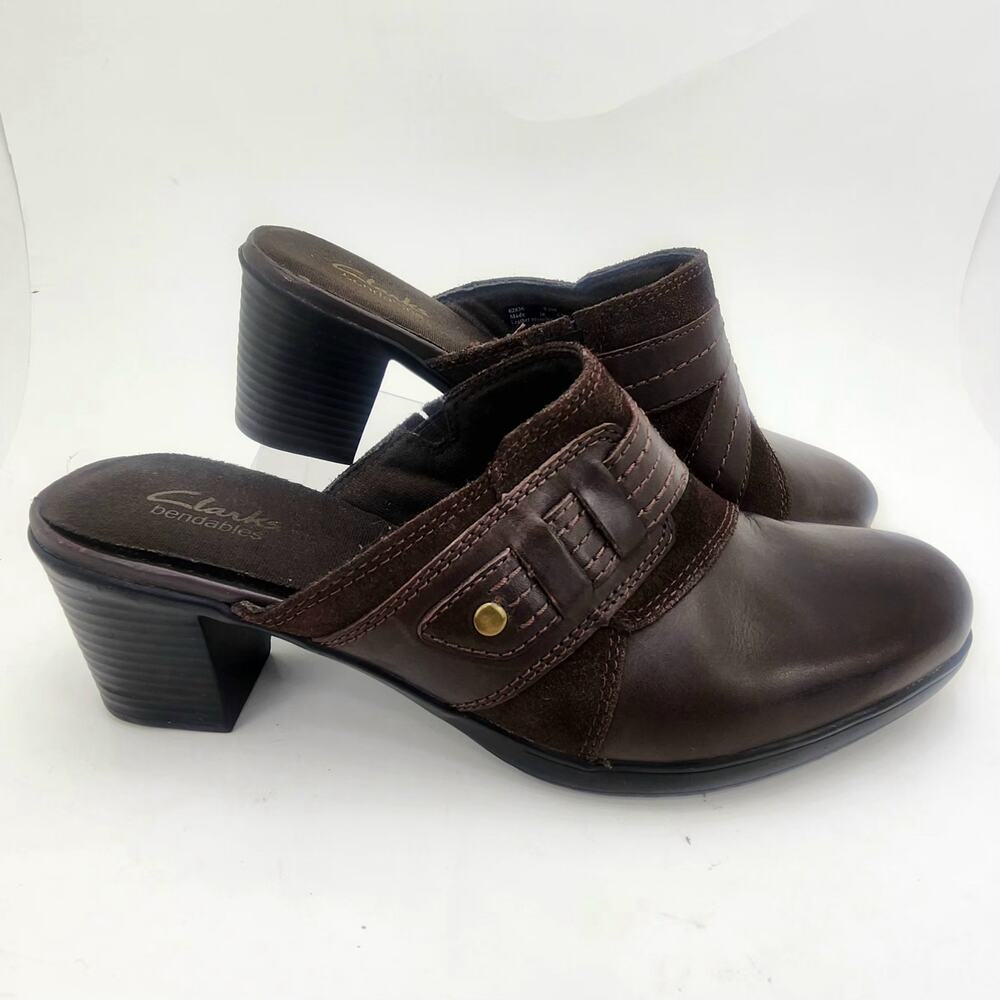 Clarks Mule Womens 9.5M Scheme Amber Mule Block Heel Brown Leather Slip